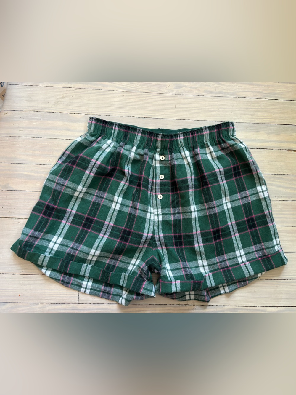 Free People Green Plaid PJ Shorts with Button Front